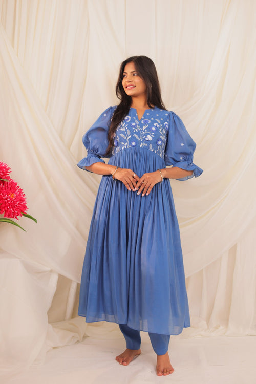Blue Floral Anarkali Set